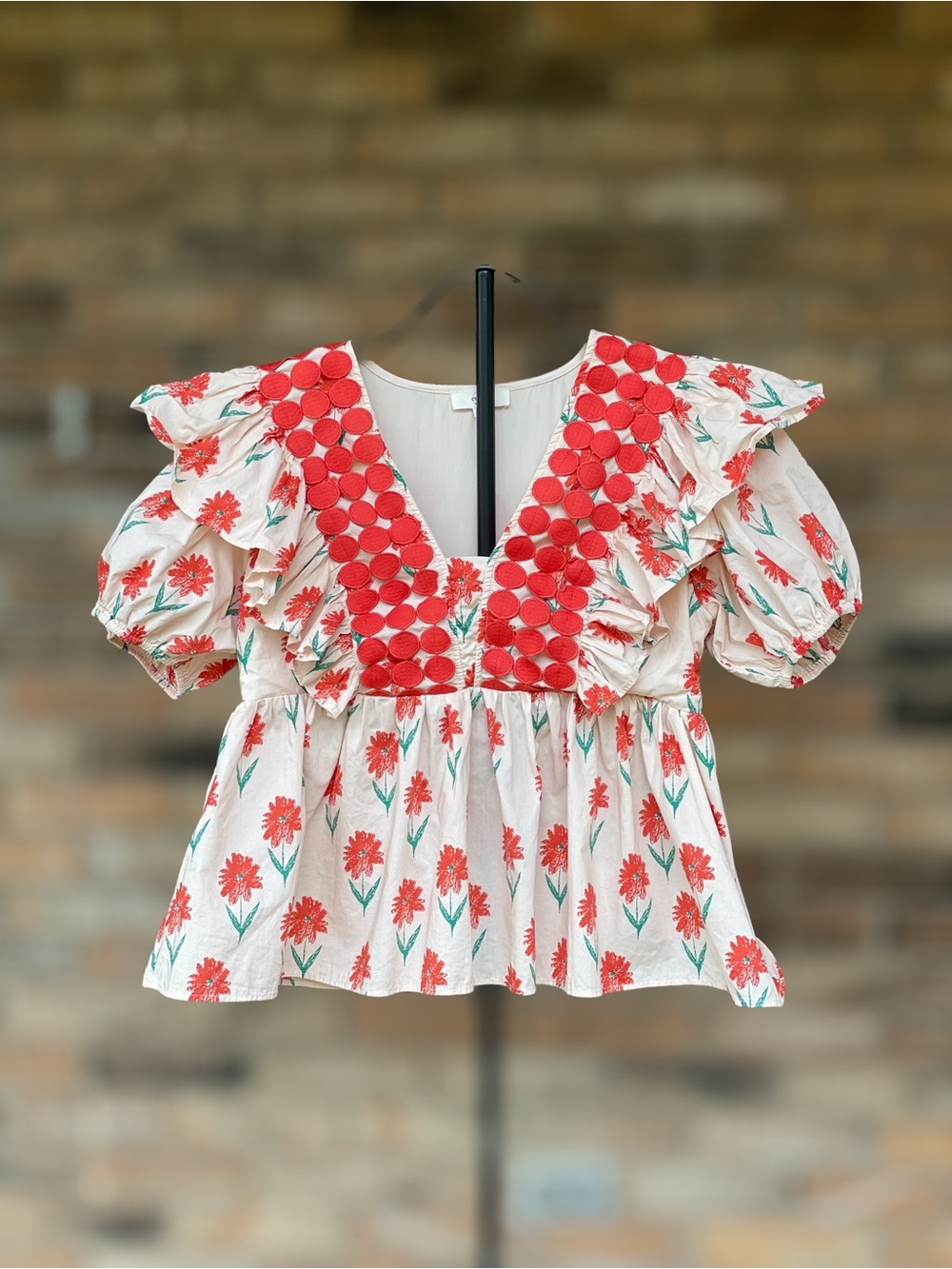 Entro Medium Floral Ruffle Puff Sleeve Peplum Blouse Red Cream